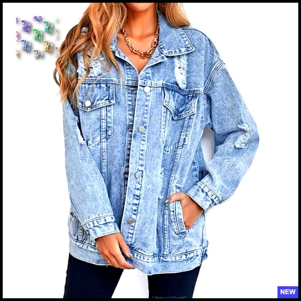 Oversized Boyfriend Denim Jacket Ripped Distressed Vintage Y2K Chic Casual - Picture 3 of 4